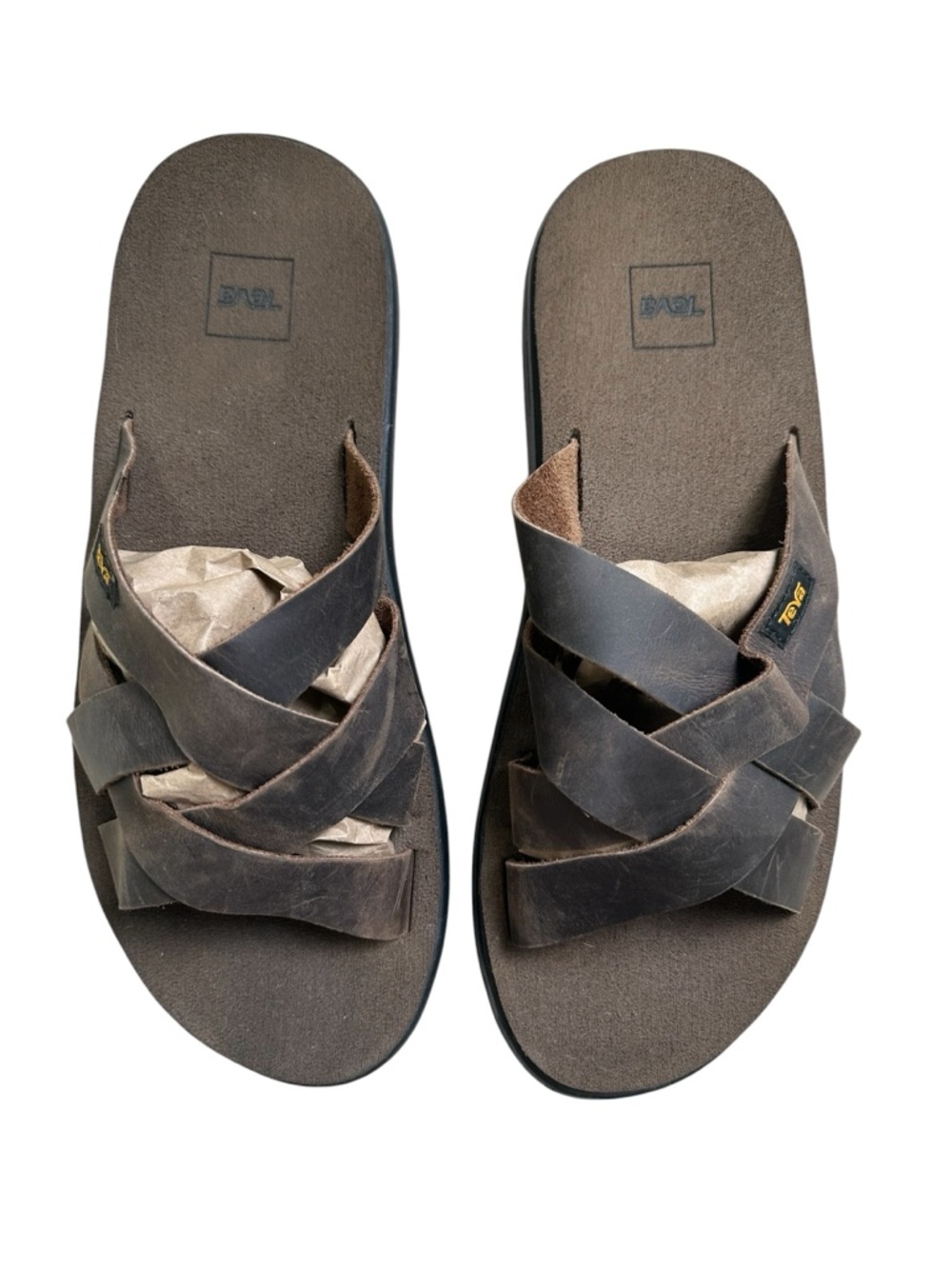 Teva Men’s 11 Voya Brown Leather Crisscross Slide Sandals - Picture 4 of 8